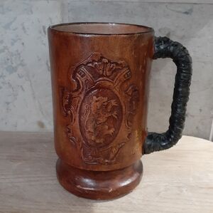 Vintage Medieval Style Italian Leather Wrapped Tankard Beer Glass Mug Cup 21oz